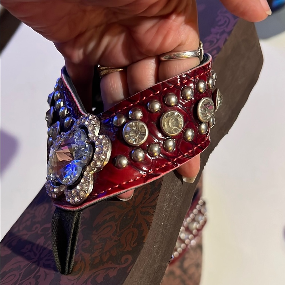 Rustic Cultures studded and embellished Red and Brown flip-flop Sandals 10 - Picture 10 of 12